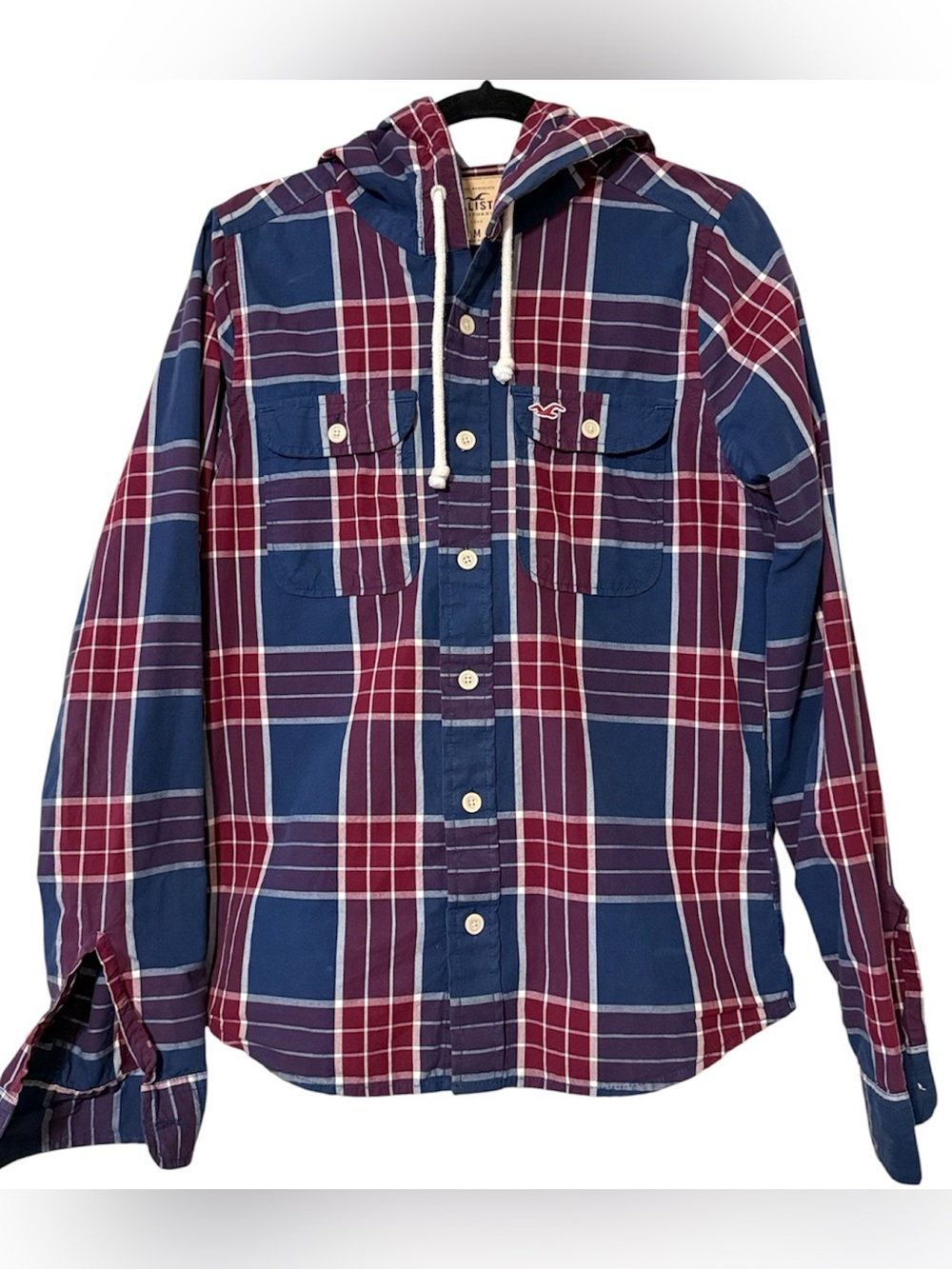 Hollister men's medium plaid button up long sleeve hooded shirt